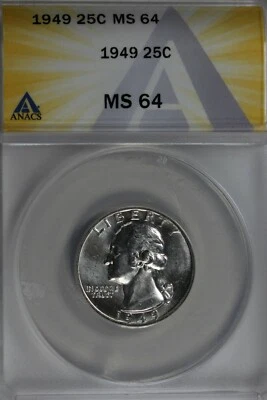 1949  .25   ANACS   MS 64   Washington Quarter, Silver 25 Cents (0.25) - Image 1 of 2