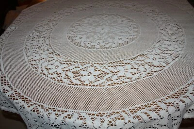 Nappe N°205 ou surnappe ronde blanche dentelle style crochet 140 cm    - Photo 1/4