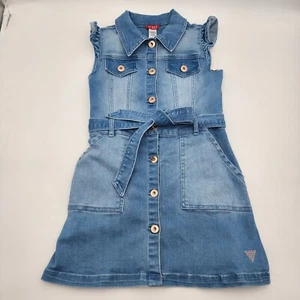 GUESS Los Angeles Mädchen Blaues Jeanskleid mit Knöpfen und Rüschen Größe 7 - Bild 1 von 9