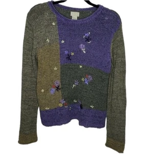VTG Sigrid Olsen Sport Floral Purple Green Knit Embroidered Sweater Women Size S - Picture 1 of 5