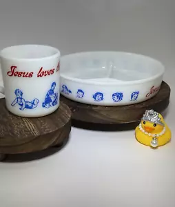 Vintage Hazel Atlas Milk Glass Jesus Loves Me Childs Divided Dish & Cup - Picture 1 of 7