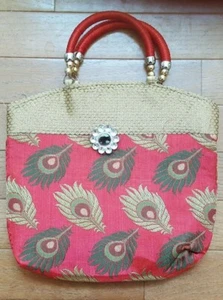 Handbag Orange/Pink embroidered/Zipper/Handle 100% Silk Fabric bag 9"x91/2" New - Picture 1 of 11