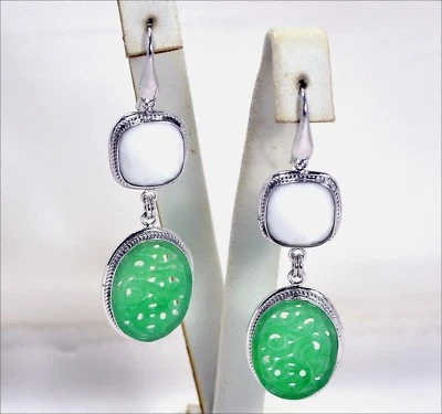 ORECCHINI IN ARGENTO 925 CON GIADA VERDE E AGATA BIANCA QUADRATA AGHT 0442 - Immagine 1 di 3