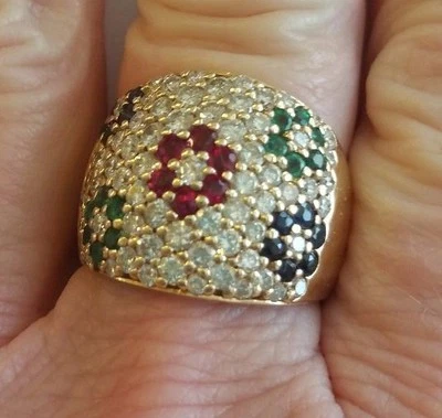 14K 11.5g Yellow Gold Ring with Diamonds, Emeralds, Sapphires, Rubies, Size 8 - Image 1 of 4