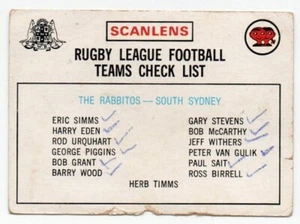 1975 Nrl Rugby League Scanlens Checklist SOUTH SYDNEY - Picture 1 of 2