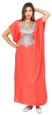 Vestido longo marroquino Caftan feminino kaftan Abaya capa de praia verão algodão salmão - Imagem 1 de 4