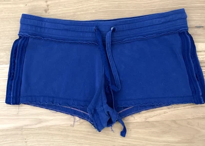 Vtg Y2k Low Rise Sweatpants Shorts L Raw Hem Blue Satin Detail Bodycon Preppy - Image 1 of 4