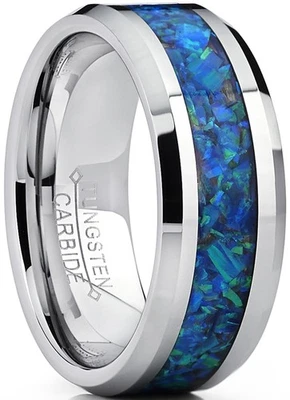 Anillo de boda de carburo de tungsteno para hombre con ópalo simulado azul verde Foto 1 de 4