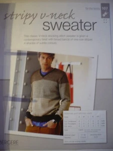 Stripy V-Neck Sweater Knitting Pattern from Bergere de France Magazine - Picture 1 of 2