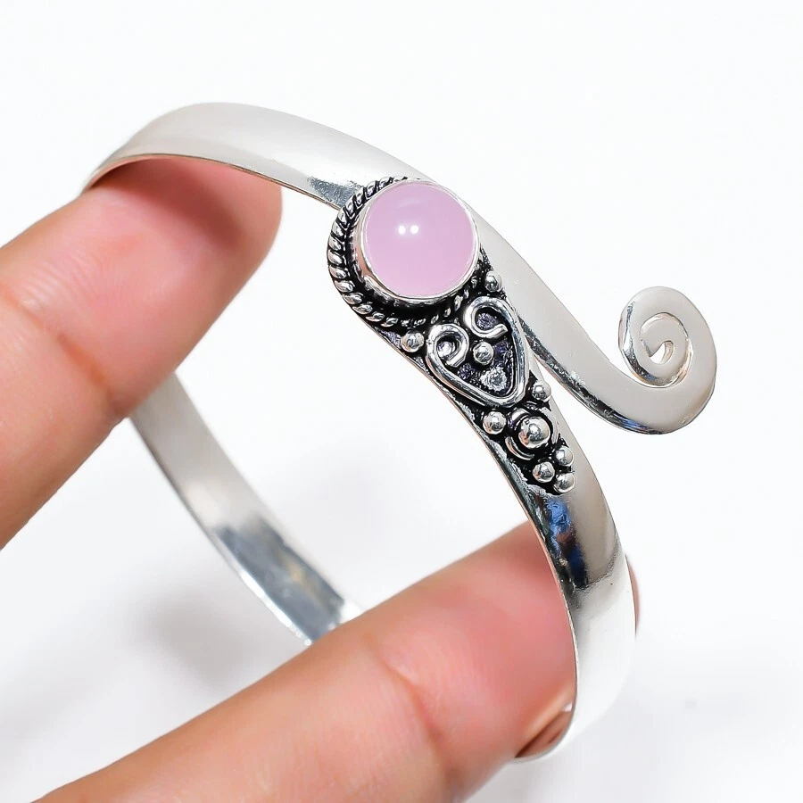 Brazalete ajustable de plata de ley 925 hecho a mano con piedras preciosas de cuarzo rosa Foto 1 de 1