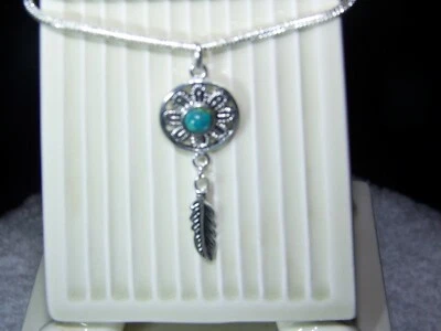 Sterling Silver Fire/ Sun w/ feather & Turquoise necklace, 16-30 inch. - Image 1 of 2