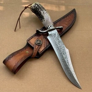 Hecho a mano Damasco caza hoja fija cuchillo supervivencia combate ciervo... - Imagen 1 de 14