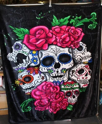SKULL SKULLS ROSE ROSES DAY OF THE DEAD THROW BLANKET SHERPA BACK 50 X 60 - Image 1 of 3