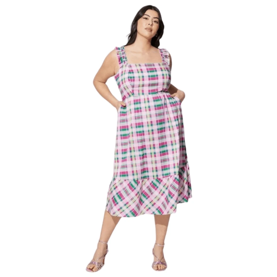 TORRID Ruffle Strap Plaid Midi Poplin Tiered Dress Size 1 US 1X