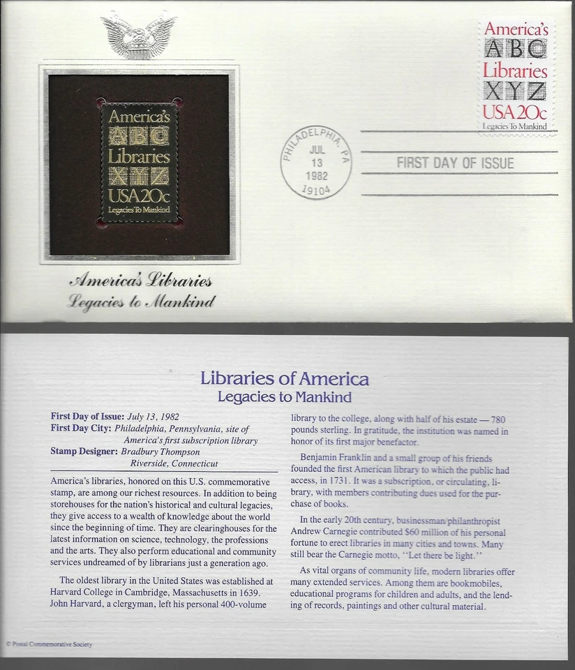 America's Libraries-Legacies to Mankind-1st day issue-Golden Replica - Image 1 of 1