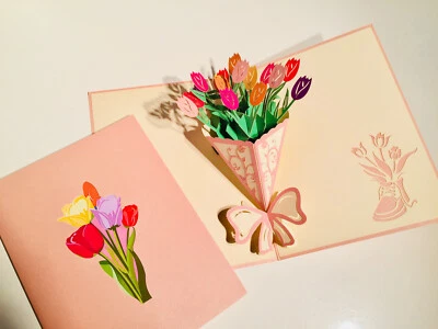ORIGAMI POP CARDS Tulip Bouquet 3D Pop Up Greeting Card Happy Birthday LOVE - Image 1 of 4