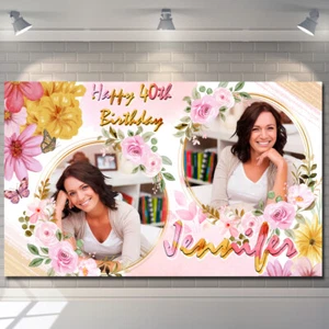 Personalisierte Geburtstag Hintergrund Banner Foto Rosa Blumenmädchen Frau Party Geschenk - Bild 1 von 4