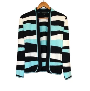 Ming Wang Womens Striped Open Cardigan Size S Black Aqua White Old Money Preppy - Picture 1 of 8