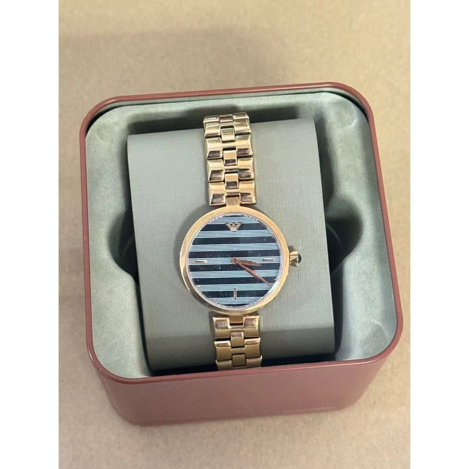 Emporio Armani Ladies Rose Gold Tone Blue Stripe Dial Watch 32mm AR11220