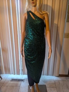 NWT Macy's Jump Apparel 17/18 Green Sequin Dress Ruched One Shoulder - Picture 1 of 7