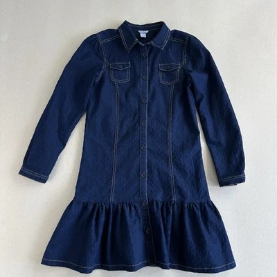 Hartstrings Girls Size 14 Textured Denim Dress Stretch Button Down Ruffled Hem - Image 1 of 4