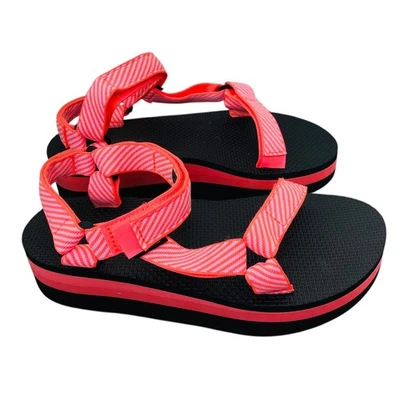 Sandalias de plataforma universales Teva de forma plana para mujer 9 rayas dulces negras naranjas Foto 1 de 4