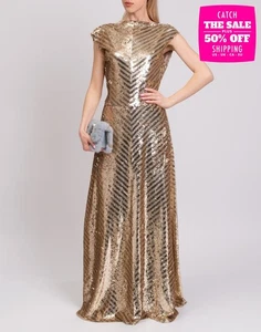 RRP €22026 VALENTINO Evening Gown IT40 US4 UK8 S Gold Sequins Silk Blend Lined - Picture 1 of 9