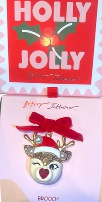 Broche Betsey Johnson Guiño Reno Rojo Lazo Prendedor Tono Dorado Cristal Corazón Firmado Foto 1 de 4