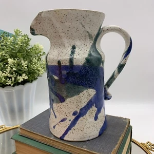 Hand Thrown Studio Stoneware Pottery Speckled Blue Green Pitcher Signed - Picture 1 of 9