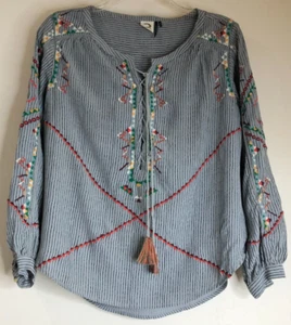 Akemi Kin Anthropologie Size 2 Top Almira Embroidery Stripe Lace Up Boho Tassels - Picture 1 of 5