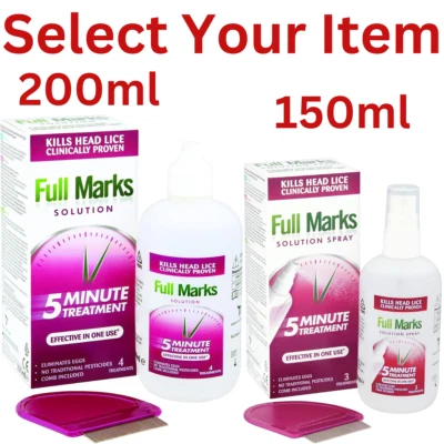 Full Marks Solution 4 Treatment 200ml-150ml Kill Head Lice treatment adult child - Image 1 of 4