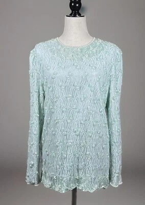 Vintage Top L Green Sequin Beaded Fairycore Artsy Lace Sheer Lined Party Blouse - Image 1 of 4