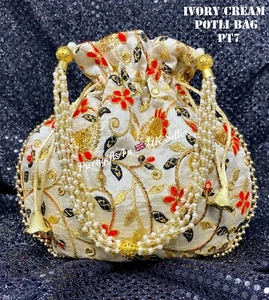 Potli Bag Ivory Cream Dolly Bag Drawstring Pouch Indian Bridal Embroidery Clutch - Picture 1 of 8