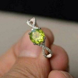 1.90ct Round Cut Green Peridot Engagement Ring in 14k White Gold Finish - Picture 1 of 8