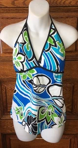 NIKE Blue Green, Multi Floral Swirl Print Halter TANKINI Swimsuit TOP Sz 10 NWOT - Picture 1 of 5