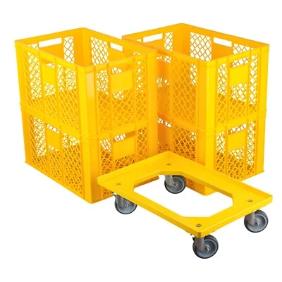 LOGIPLAST 4 Stück Bäckerkisten / Brotkisten 600 x 400 x 320 mm + 1 Transportroller in gelb