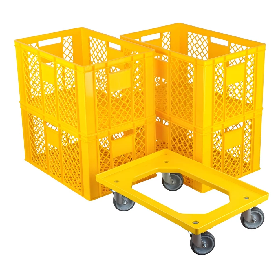 LOGIPLAST 4 Stück Bäckerkisten / Brotkisten 600 x 400 x 320 mm + 1 Transportroller in gelb