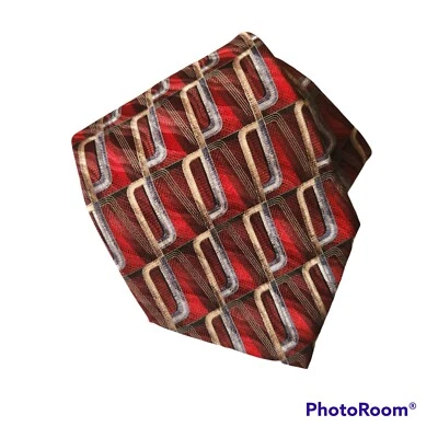 Corbata Stafford Hombre Roja Multicolor Patrón Geométrico Seda 58.5" x 3 7/8" Foto 1 de 2