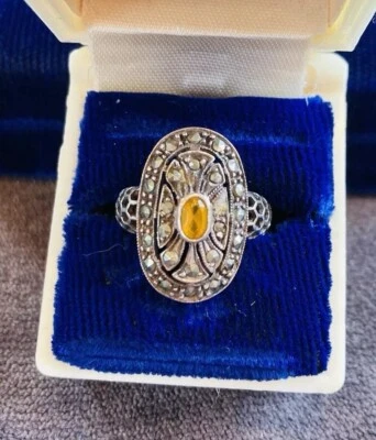 Anillo antiguo inspirado vintage de marcasita de piedras preciosas citrinas talla 7 Foto 1 de 4