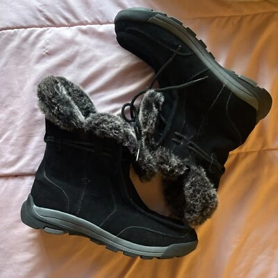Lands End Mid-Calf Winter Boots Genuine Suede Women Size 9.5 Black Faux Fur Trim - Imagem 1 de 4