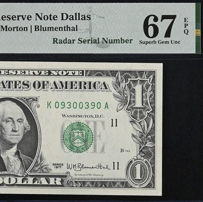 1977 $1 Federal Reserve Note PMG 67EPQ - Fancy Radar Serial Number 09300390 - Image 1 of 3