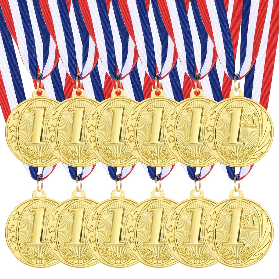 12 Pieces Gold Award Medals Metal 1st Winner Medals with Neck Ribbon Foto 1 de 4