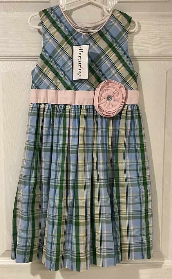 New Girls Hartstrings Blue Green Pink Woven Sleeveless Lined Dress Sz 6 Cotton - Image 1 of 4
