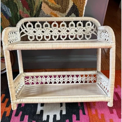 Vintage Wicker Shelf Plant Holder 2 Tier Shabby Coastal Bohemian white rattan  - Image 1 of 4