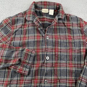 LL Bean Flannel Pajama Shirt Mens Medium Gray Red Plaid Cotton Sleep Lounge - Picture 1 of 9