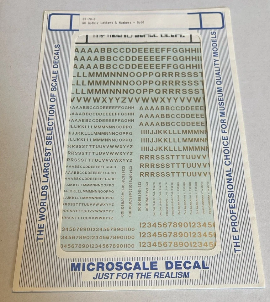MICROSCALE HO DECAL-RAILROAD GOTHIC LETTERS/NUMBERS-BRONZE GOLD #87-70-3 - Image 1 of 1