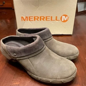Merrell Drizzle Luxe Wrap Clogs 8 Shoes Brown Leather Slip On Casual Heels Studs - Picture 1 of 8