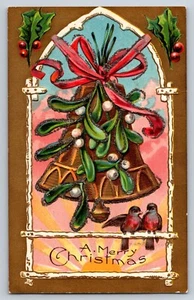 Weihnachten antike Postkarte geprägte Glocke schwarz Glitzer Vögel Mistel unbesendet - Bild 1 von 2