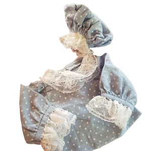 Doll Shirt And Bonnet Handmade Chambray Blue Polkadot  Lace 10" Chest - Picture 1 of 4