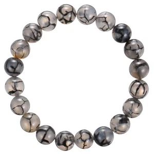 Black White Dragon Vein Agate Bracelet Smooth Round Size 8mm 10mm 7.5" Length - Picture 1 of 5